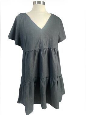 Black Linen Blend V-Neck Tiered Babydoll Dress